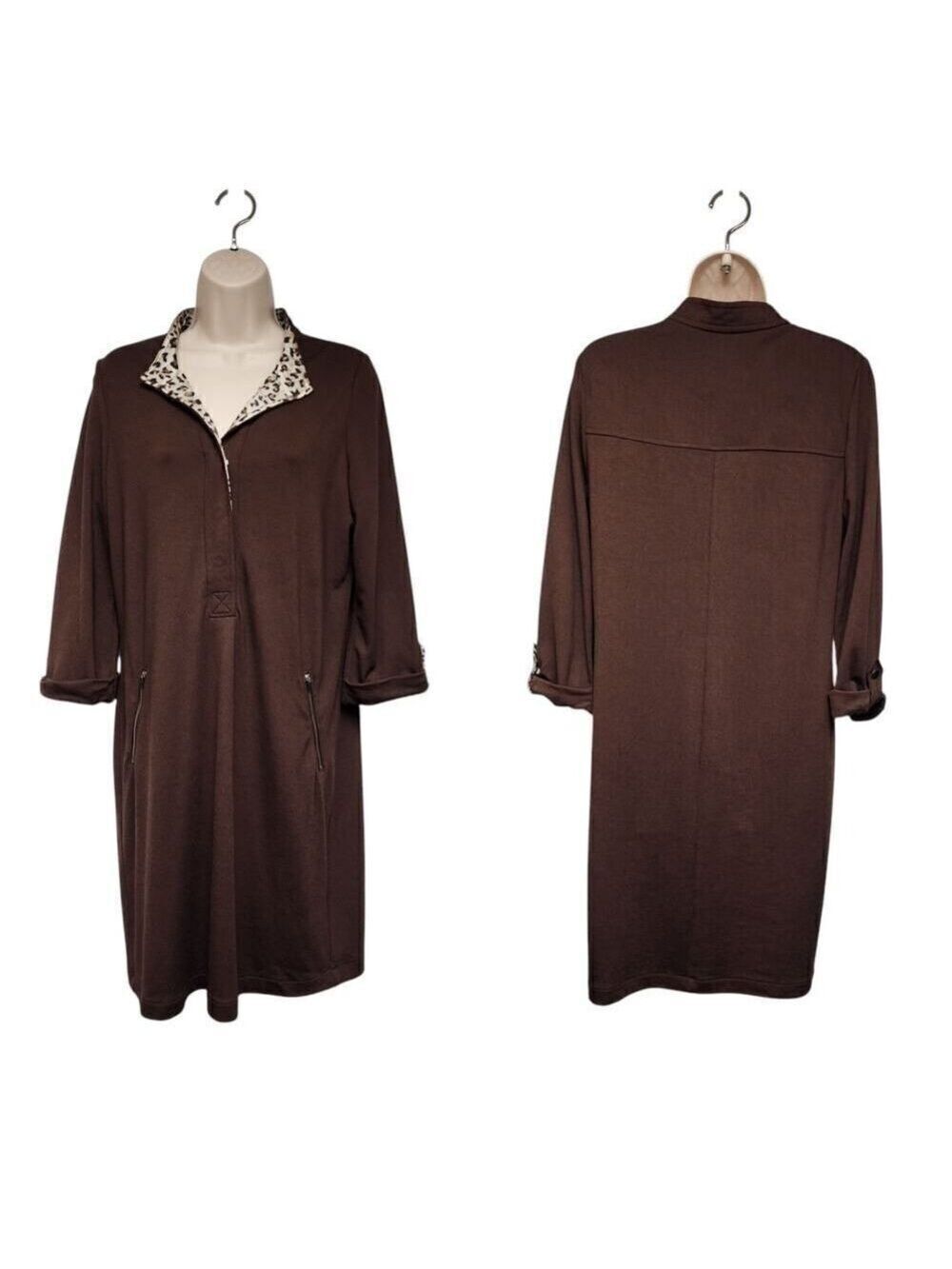 Chico's Brown Notched V-Neck 3/4 Sleeve Knee Length Shirt Dress Size 1 M